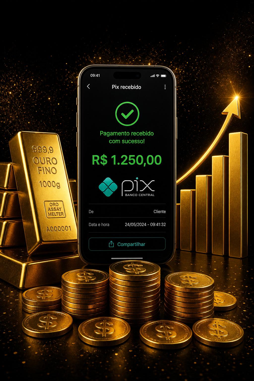 Smartphone com comprovante de PIX de R$ 1.250,00 entre barras de ouro, moedas e gráfico em alta